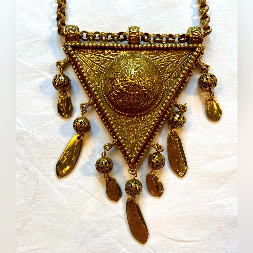 Statement Necklace, Large Triangle Decorated W/Be… - image 1
